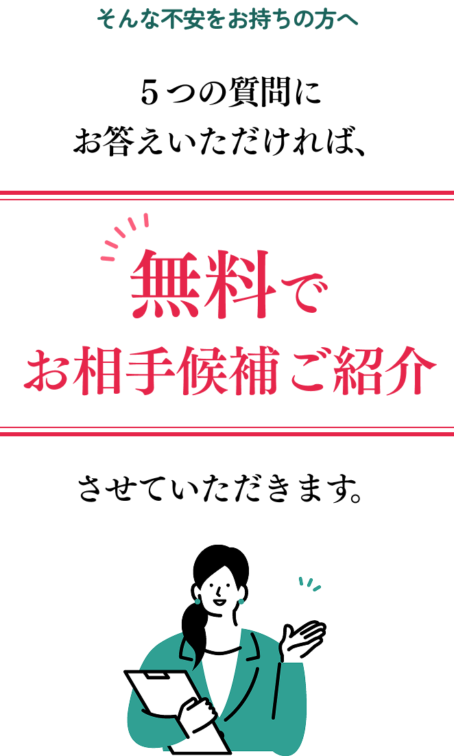 ５つの質問にお答えいただければ、無料でお相手候補ご紹介させていただきます。